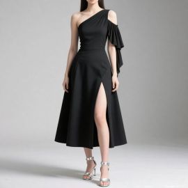 Elegant One - Shoulder Black Midi Dress with High Slit and Ruffled Sleeve