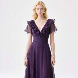 Elegant Purple Chiffon Gown with Ruffled V-Neck & Cinched Waist