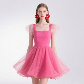 Elegant Pink Square Neck Tulle Dress with Flutter Sleeves - Party Ready Fashion