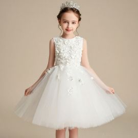 Elegant White Floral Tulle Dress for Girls - Wedding Party Formal Gown