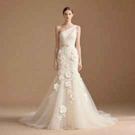 One-Shoulder Mermaid Wedding Dress with 3D Floral Embroidery - Elegant Bridal Gown