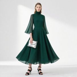 Elegant Green High - Neck Chiffon Flare - Sleeve Maxi Dress