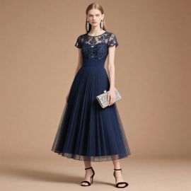 Elegant Navy Blue Lace Top Pleated Midi Dress - Women's Formal Evening Gown