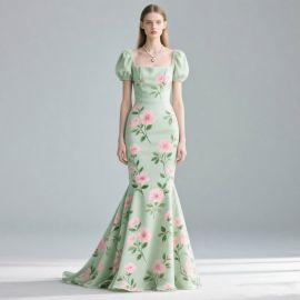 Elegant Mint Green Floral Print Mermaid Gown with Puff Sleeves