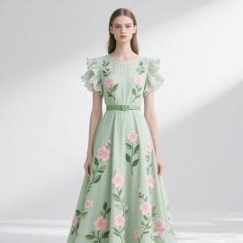 Pastel Green Floral Embroidered Ruffled Sleeve Belted Midi Dress
