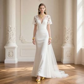 Elegant White Wedding Dress with Lace Sleeves & Deep V-Neck - Mermaid Silhouette Bridal Gown