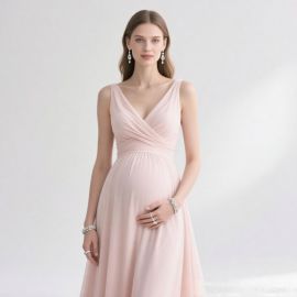 Maternity Elegant Sleeveless V-Neck Chiffon Long Dress for Weddings & Events