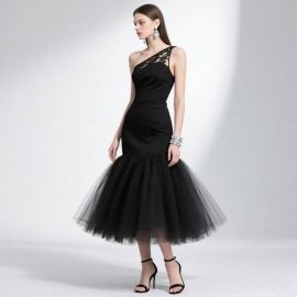 Elegant One - Shoulder Black Evening Dress with Lace & Tulle Skirt