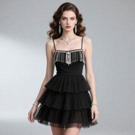 Elegant Black Spaghetti Strap Dress with Fringe & Tiered Skirt for Evening Events