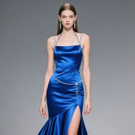 Royal Blue Satin Mermaid Gown with Rhinestone Straps & High Slit - Elegant Evening Dress