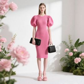 Elegant Pink Puff Sleeve Ribbed Knit Midi Dress for Women