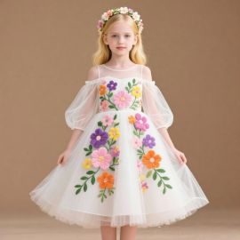 Kids Girl's Off - Shoulder Tulle Dress with Colorful Flower Embroidery - Princess Party Gown