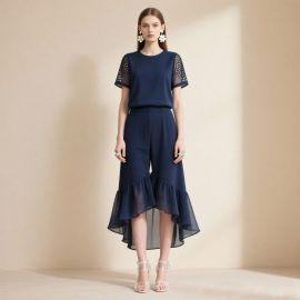 Navy Blue Perforated Short Sleeve Top & High Waist Asymmetrical Ruffled Wide Leg Pants Set
