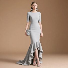 Elegant Light Gray Mermaid Formal Dress with High-Low Hem
