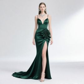 Emerald Green Satin Evening Gown: Spaghetti Straps Deep V-Neck Ruffled High Slit Formal Dress