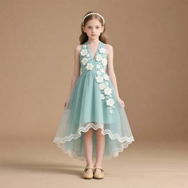 Mint Green Girls Dress with Floral Embroidery & Asymmetric Hem - Ideal for Parties & Weddings