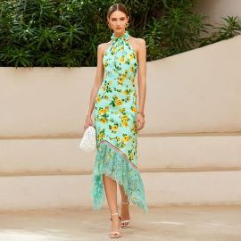 Mint Green Floral Halter Dress with Lace Hem - Elegant Summer Style