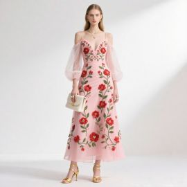 Elegant Pink Off-Shoulder Gown with Red Floral Embroidery - Chic Evening Dress