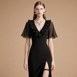 Elegant Black Evening Dress: Ruffled V-Neck, Sheer Sleeves & High Slit Formal Gown