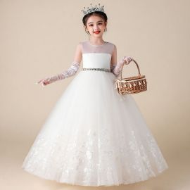 Girls White Flower Girl Dress Lace Tulle Skirt Sleeveless Princess Gown for Weddings/Parties