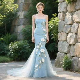 Light Blue Mermaid Gown with Floral Embroidery - Elegant Evening Dress