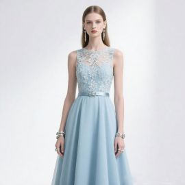 Elegant Light Blue Lace Midi Dress with Belt - Chic & Feminine Design