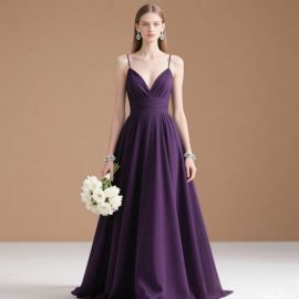 Elegant Deep Purple Spaghetti Strap Floor-Length Gown for Weddings & Formal Events
