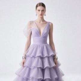 Lavender Deep V One - Shoulder Tiered Tulle Evening Gown