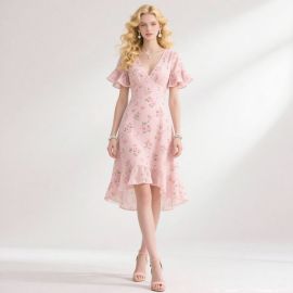 Elegant Pink Floral Dress with Ruffled Sleeves & Asymmetric Hem - Summer Midi Dress