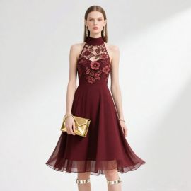 Elegant Burgundy High-Neck Lace Embroidered A-Line Dress
