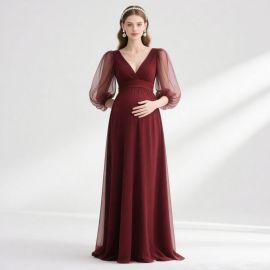 Elegant Burgundy Maternity Dress: V-Neck Puff Sleeve Long Gown for Pregnant Women