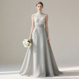 Elegant Gray Lace High-Neck Long Evening Dress