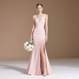 Elegant Pink V-Neck High Slit Mermaid Evening Dress - Perfect for Weddings & Formal Events