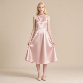 Elegant Pink Satin Halter Neck Midi Dress - Chic Shiny Formal Evening Gown