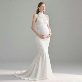 Elegant White Maternity Mermaid Gown - High Neck Formal Dress for Pregnant Women