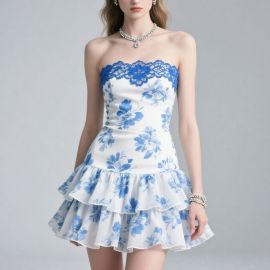 Strapless Blue & White Floral Dress with Lace Trim & Ruffled Skirt
