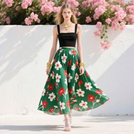 Women's Green High-Waisted Wide-Leg Pants with Red & White Floral Print - Summer Boho Style