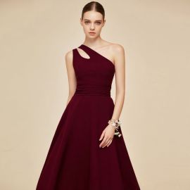 Elegant Burgundy One - Shoulder A - Line Evening Dress
