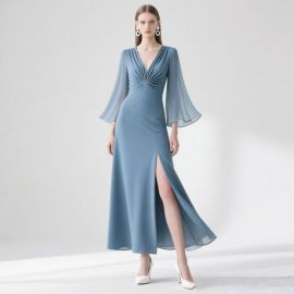 Elegant Blue Maxi Dress: Deep V Neck, Flare Sleeves & High Slit Design