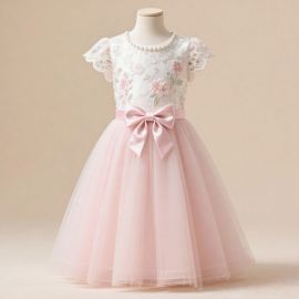 Charming Pink Lace Floral Embroidery Tulle Dress for Girls - Big Bow Party Wedding Gown