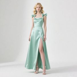 Mint Green Satin Bow-Shoulder Slit Maxi Dress - Elegant Evening Gown