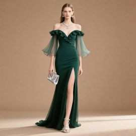 Emerald Green Off - Shoulder Ruffled Sheer Sleeves Slit Evening Gown