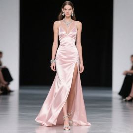 Elegant Pink Satin Gown: Spaghetti Straps, Deep V-Neck & High Slit Design