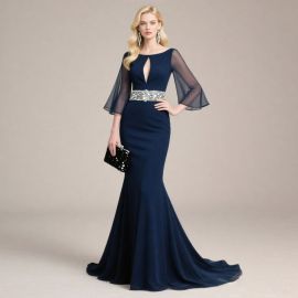Elegant Navy Blue Mermaid Gown with Sheer Sleeves & Crystal Belt - Formal Evening Dress