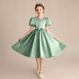 Green Puff - Sleeve Girl's Dress with White Embroidery for Party Occasions