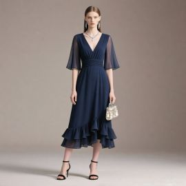 Elegant Navy Blue V-Neck Ruffled Hem Midi Dress with Sheer Sleeves