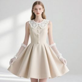Elegant Vintage Sleeveless Dress with Lace Collar & Pearl Buttons - A-Line Skirt Style