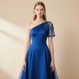 Royal Blue One-Shoulder Evening Dress with Beaded Shoulder & Sheer Sleeve Design