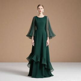 Elegant Dark Green Chiffon Gown with Sheer Bell Sleeves & Ruffled Hem