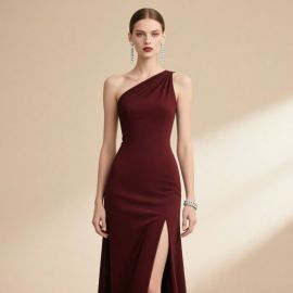 Elegant Burgundy One - Shoulder High Slit Evening Dress